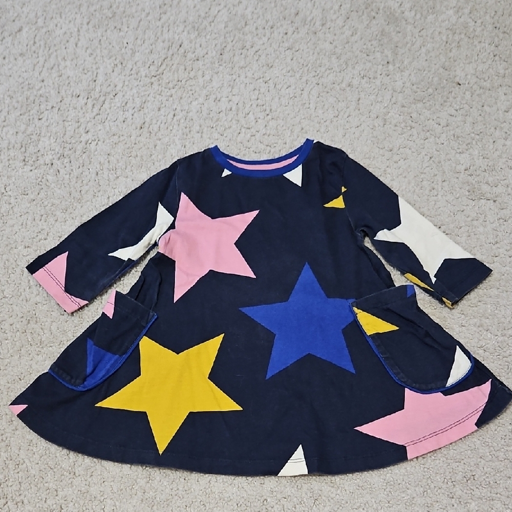 Mini Boden Starry Kids Dress in Blue, Yellow, and Pink